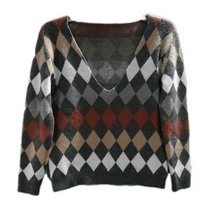 NORDSTROM Collection Deep V Neck Gray Argyle Soft Wool Blend layering Sweater  S